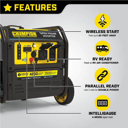 Champion Power Equipment 200953 Onduleur à cadre ouvert de 4 250 watts, démarrage à distance 4 250 watts + gaz + démarrage à distance 