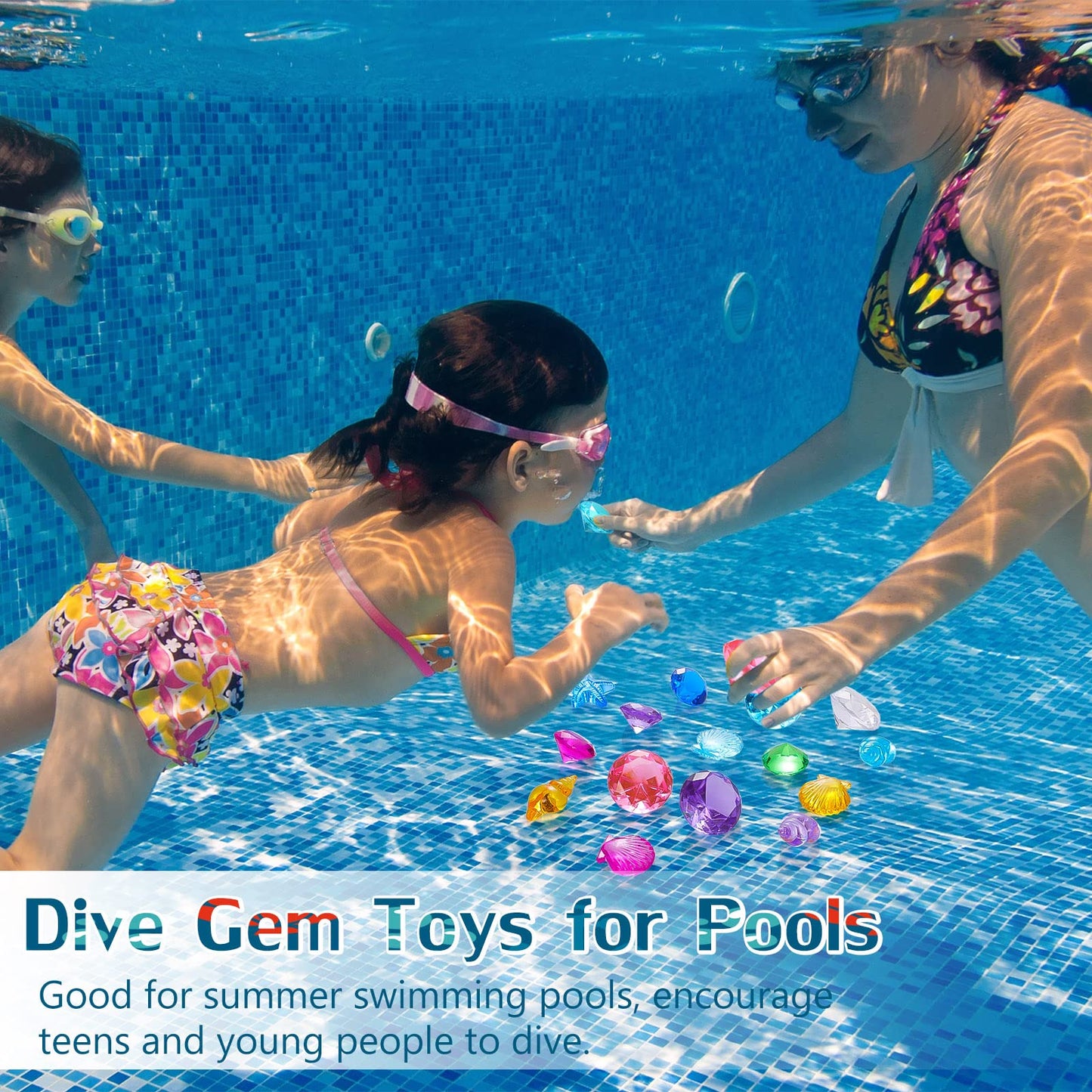 24 Pieces Diving Gem Pool Toys Colorful Summer Swimming Gem Diving Toys with 2 Treasure Pirate Boxes Summer Underwater Swimming Toy Set for Parties Birthday, Wedding Decoration Gems (Ocean Style) Ocean Style