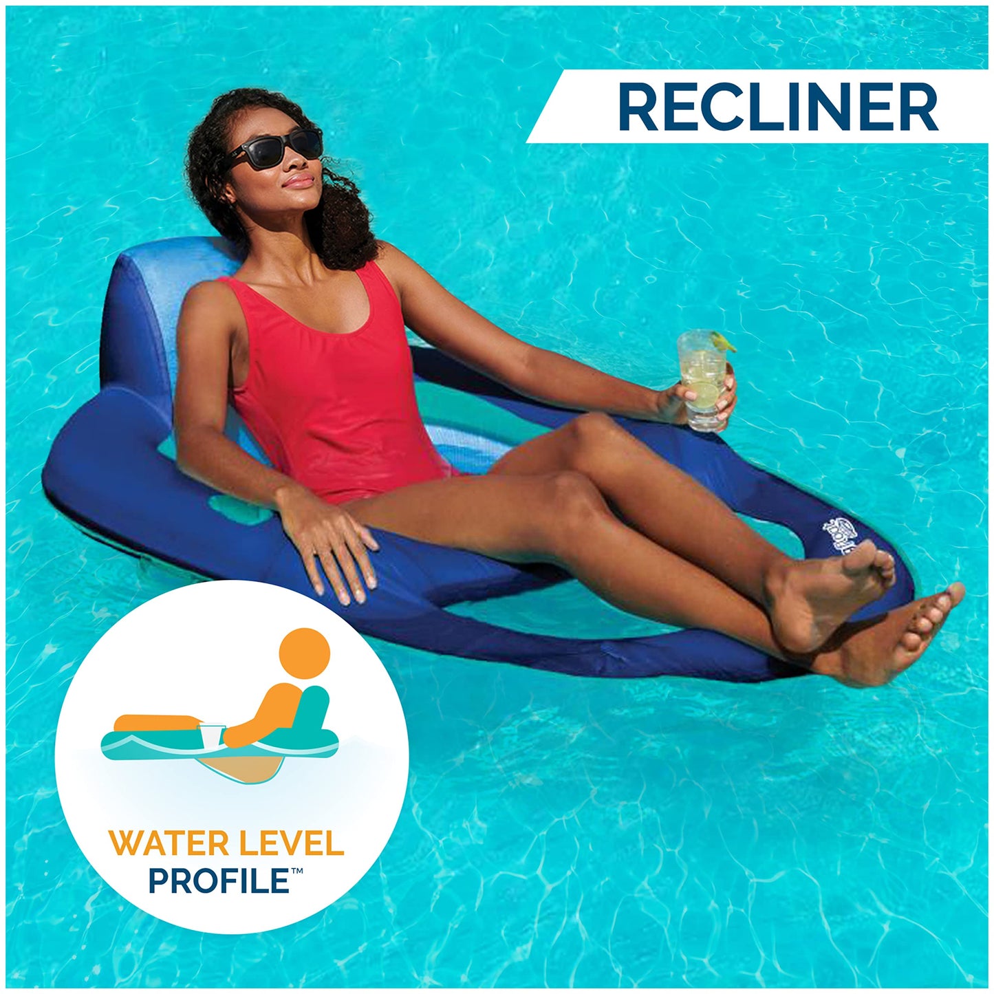 SwimWays Spring Float Recliner Pool Lounger with Hyper-Flate Valve, Inflatable Pool Float, Blue Blue Recliner