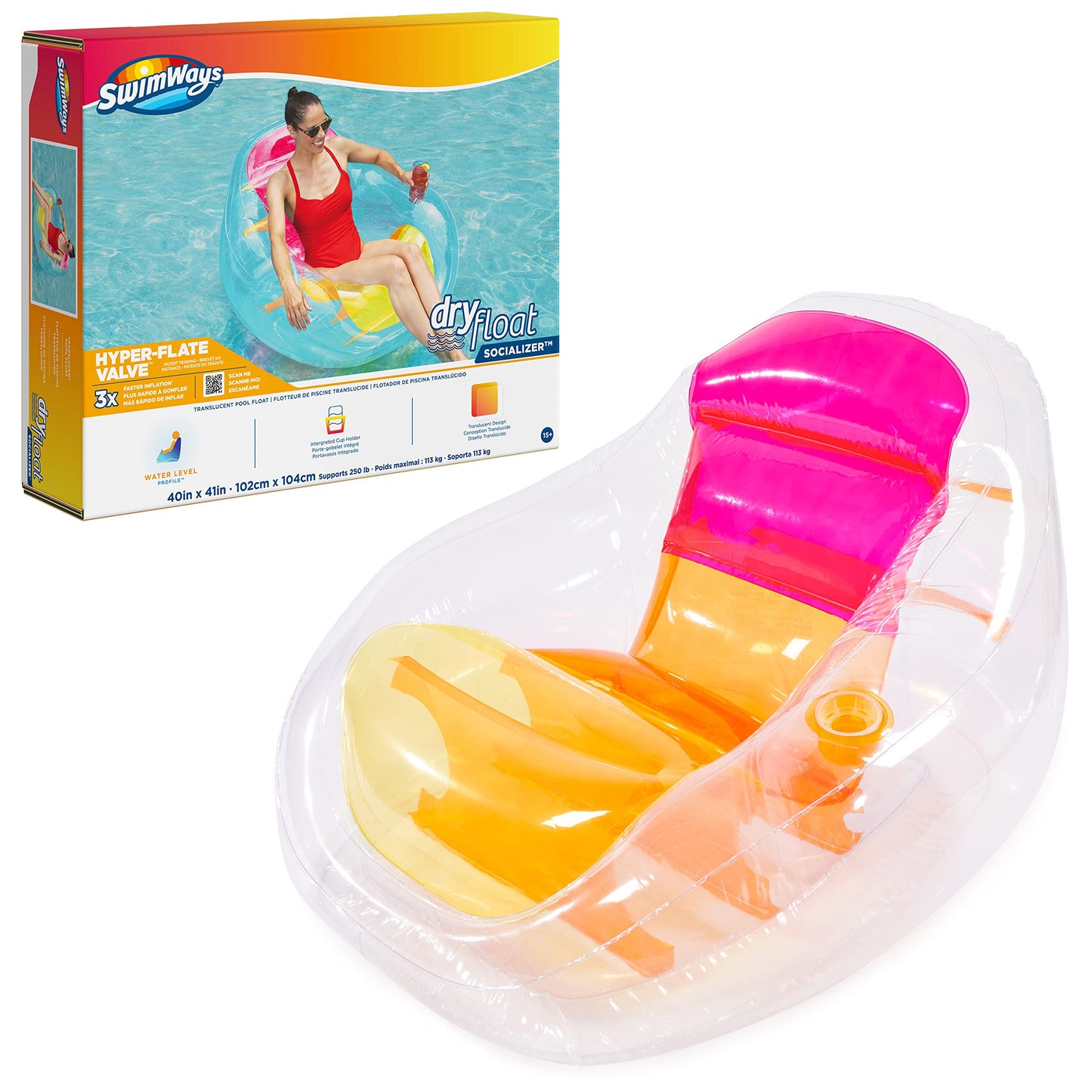 Swimways Dry Float Socializer Pool Float, Translucent Inflatable Recliner Chair for Adults with Fast Inflation, Cup Holder & Back Rest