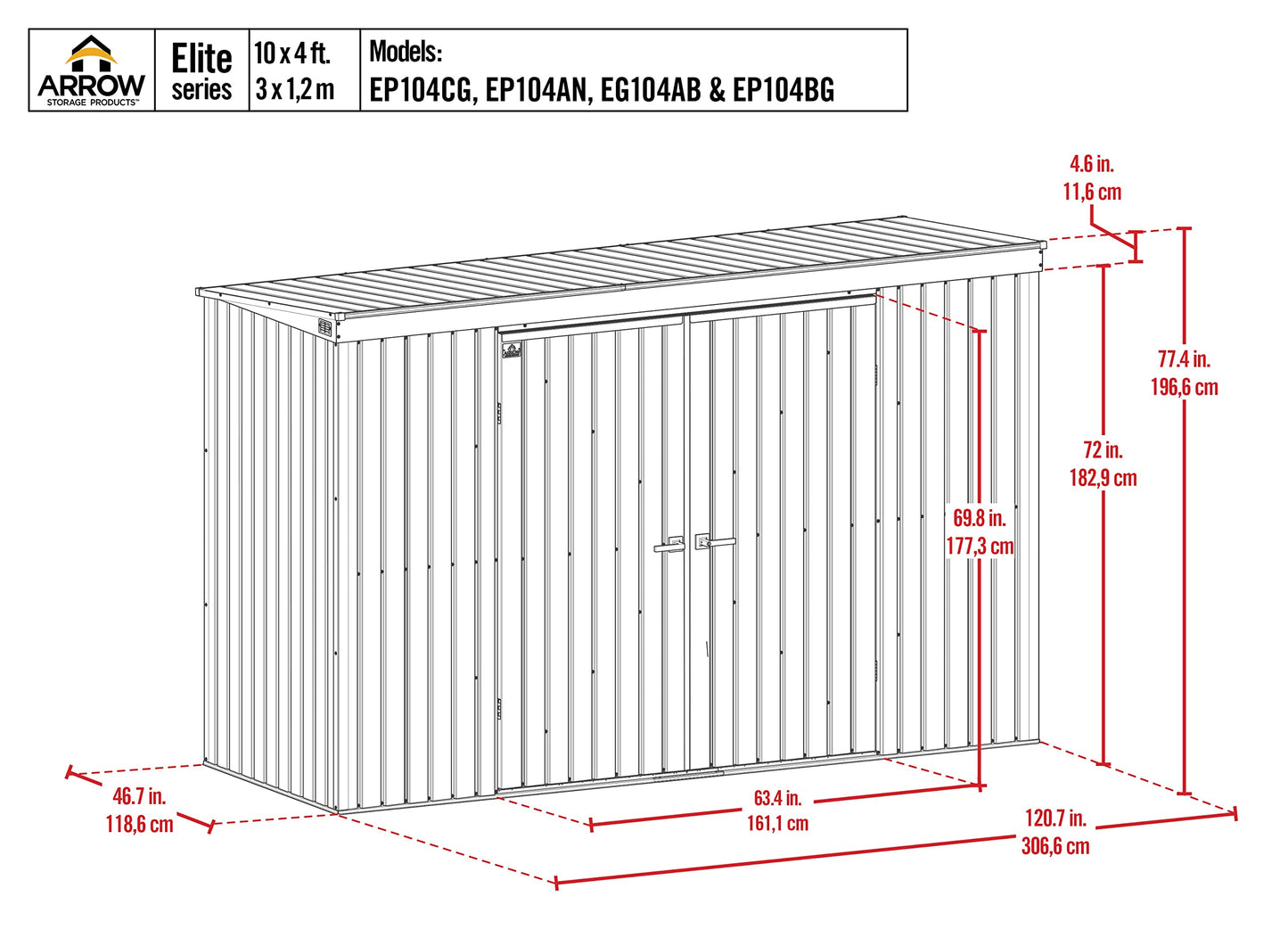 Arrow Shed Elite 10' x 4' Outdoor Lockable Pent Roof Steel Storage Shed Building, Silver