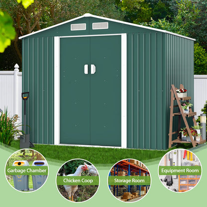 JAXPETY 6.3' x 9.1' Large Outdoor Garden Storage Shed, Backyard Steel Utility Tool Shed, Lawn Garage Building Organizer w/Sliding Door, Gable Roof, 4 Vents- Green