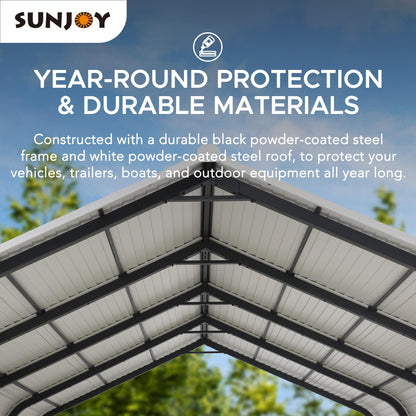 Sunjoy Carport 12 x 20 pi Tonnelle d'extérieur, abri de garage robuste avec toit et cadre en acier/aluminium enduit de poudre, abri de voiture à toit Gambrel pour voiture, bateau, remorque et équipement extérieur blanc/noir 12 x 20 pi 