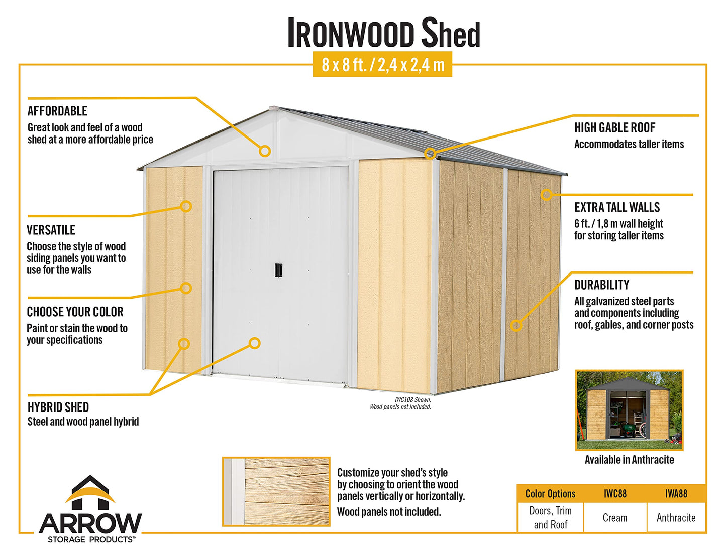 Arrow Shed Kit d'abri de jardin hybride en acier galvanisé et panneaux de bois Ironwood, 8' x 8', Anthracite 8' x 8' 