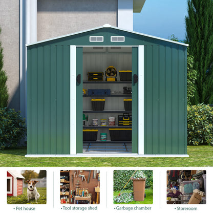 HOGYME 10.5' x 9.1' Storage Shed Large Metal Shed, Sheds &Outdoor Storage Clearance Suitable for Garden Tool Bike Lawn Mower Ladder, Utility Tool House w/ Lockable/Sliding Door, 4 Vents, Green