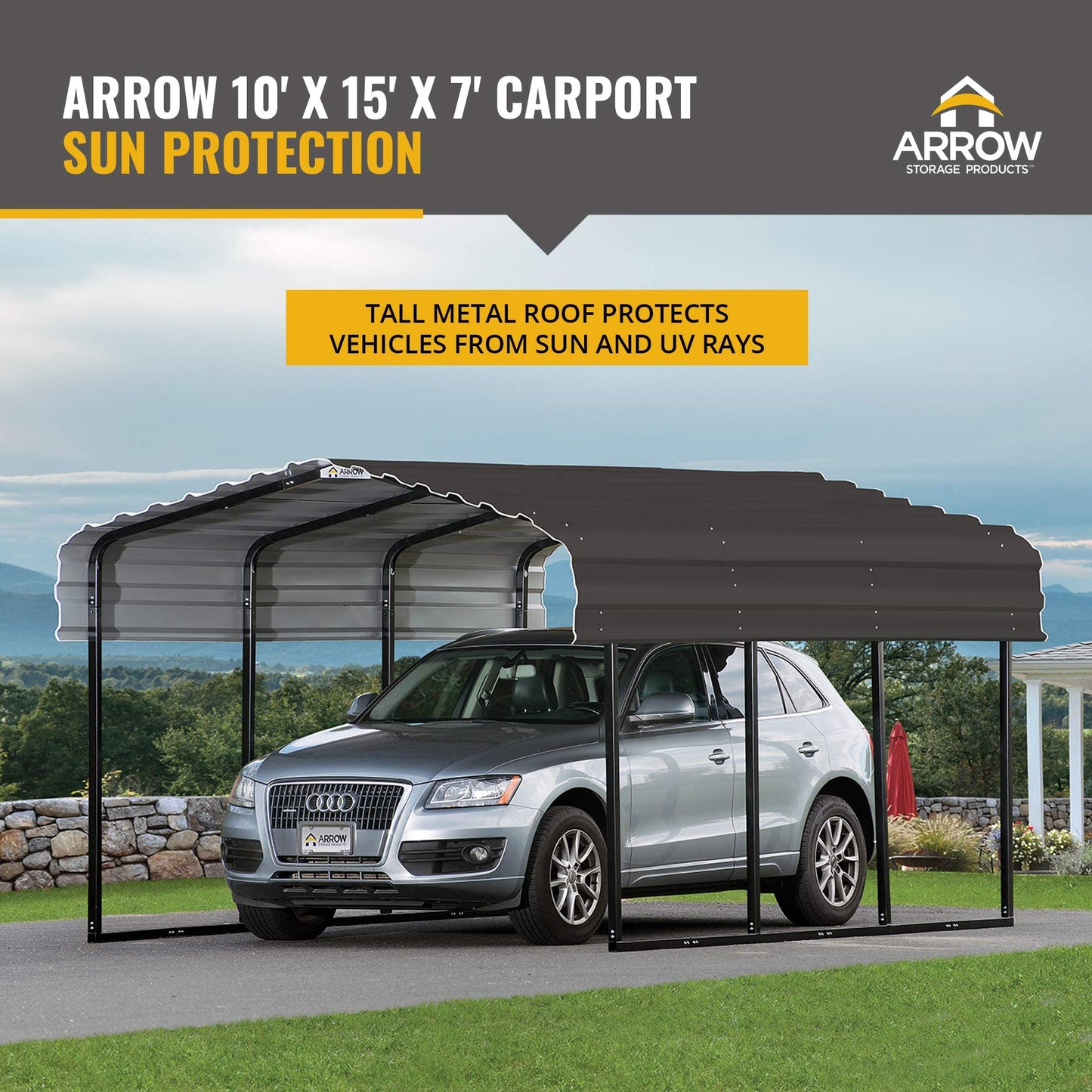 Arrow Shed CPHC101507 Heavy Duty Galvanized Steel Metal Multi-Use Shelter, Shade, Carport, 10' x 15' x 7' Carport Only Charcoal 10' x 15' x 7'