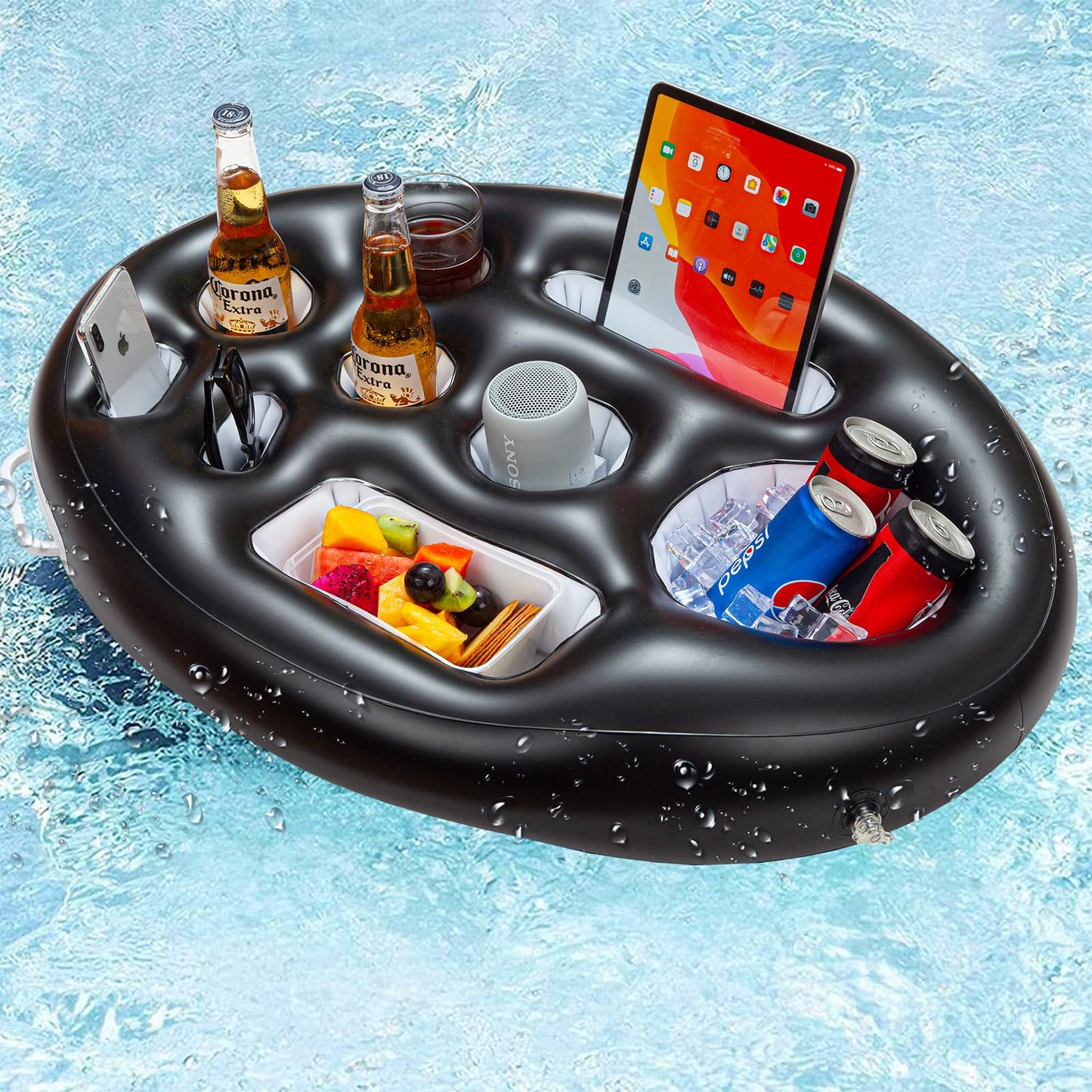 LRIGYEH Pool Accessories Inflatable Floating Drink Holder with 9 Holes Capacity Drink Float for Pools & Beach, Hot Tub Accessories Black