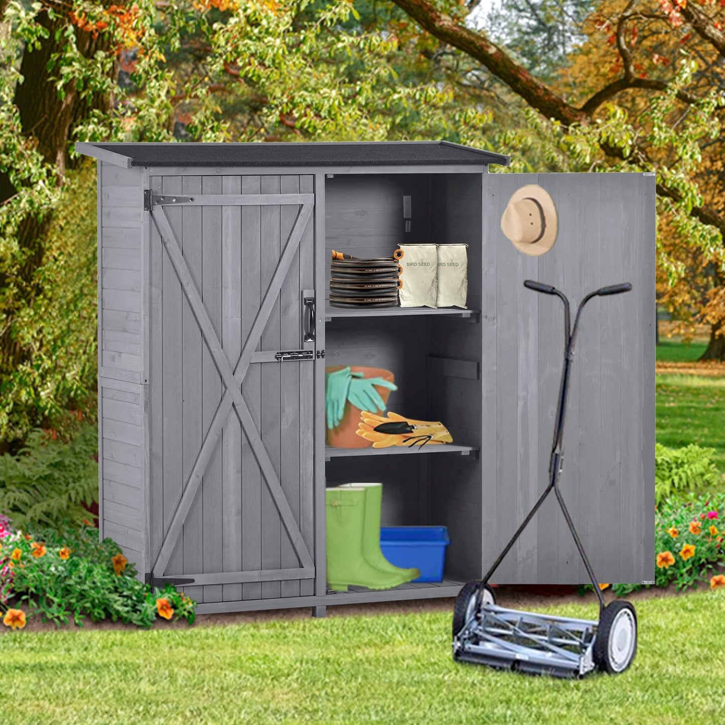 Abri de rangement extérieur avec sol, armoire de rangement en bois étanche, abri de jardin avec 3 étagères, abri vertical extérieur avec 2 portes doubles, bois de sapin, 2 serrures et poignées (gris) 55,1 x 20 x 63,8 gris avec 3 étagères 