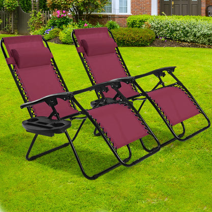 Chaise longue Goplus Zero Gravity, chaise longue inclinable et pliante réglable avec oreiller et porte-gobelet, fauteuil inclinable de terrasse pour piscine extérieure, camp, cour (lot de 2, vin) lot de 2