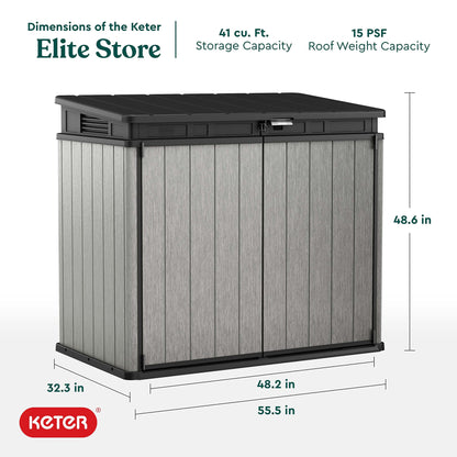 Keter Elite Store Abri de rangement extérieur en résine de 4,6 x 2,7 pieds avec charnières faciles à soulever, parfait pour les poubelles, les outils de jardin et les jouets de piscine, grain de bois gris 