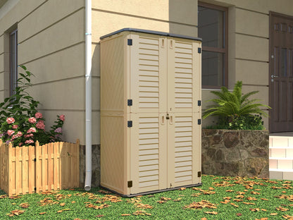 HOMSPARK Abri de rangement extérieur vertical résistant aux intempéries, abri de jardin en résine de 52 pieds cubes avec portes verrouillables, armoire de rangement extérieure double couche pour cour, jardin, patio, toit gris pelouse, mur marron, sol noir 