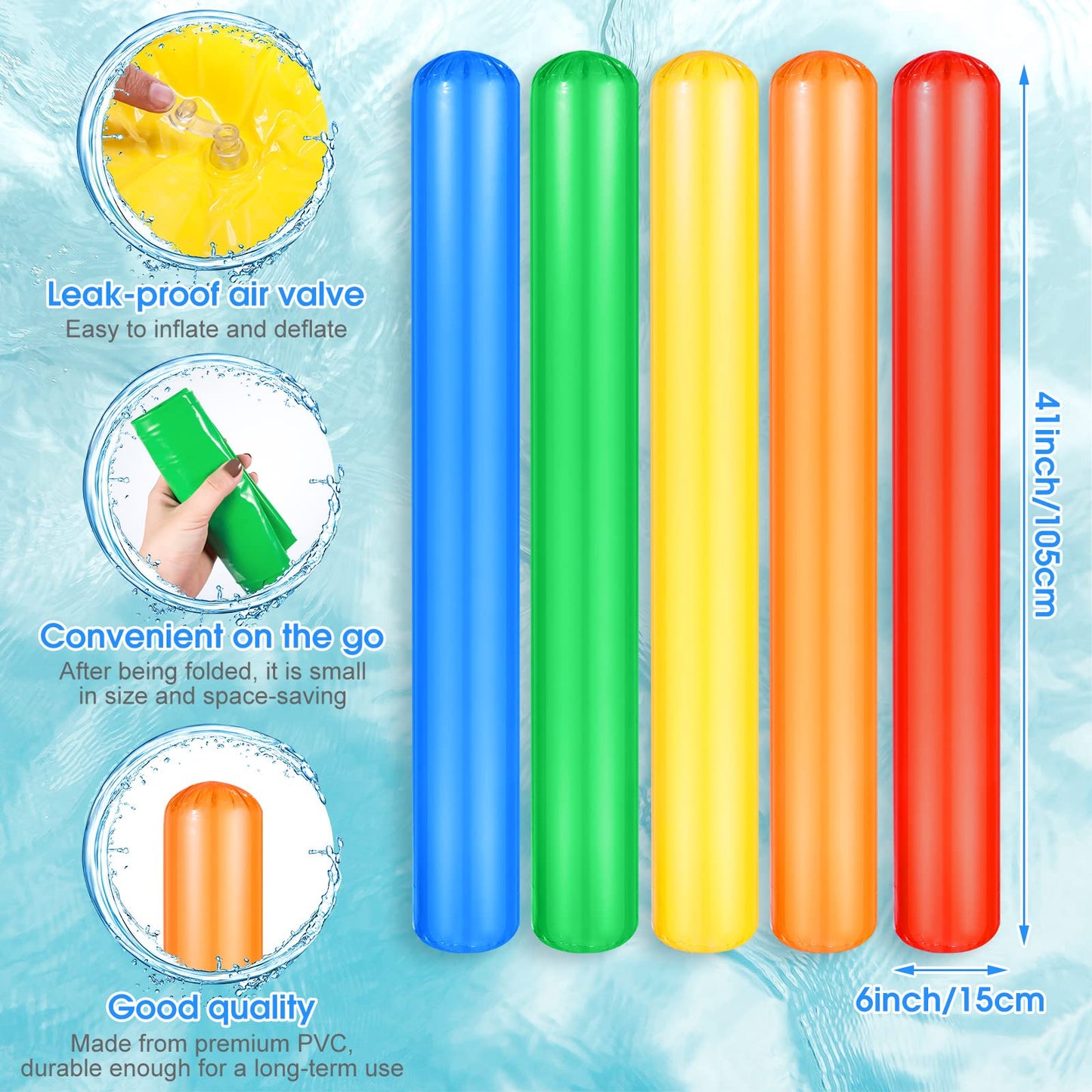 Pool Inflatable Sticks 41.3 Inch Pool Noodles PVC Swimming Noodles Colorful Inflatable Pool Noodle Adults Float Water Noodles Outdoor Water Games Toy for Beaches Swimming Pool Party Decor 15
