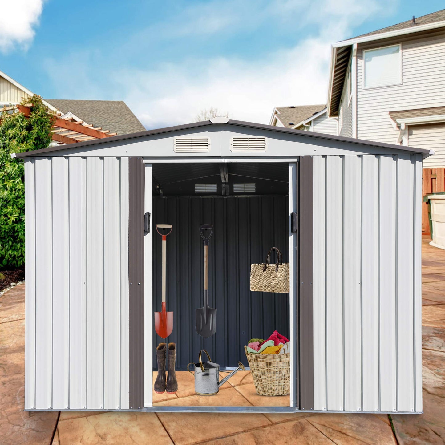 JAXSUNNY Abri de rangement extérieur de 6 x 8 pieds, abri de jardin avec portes coulissantes, bâtiment de stockage utilitaire pour patio, cour arrière, pelouse, avec 4 aérations et toit en pente gris clair 6' x 8' 