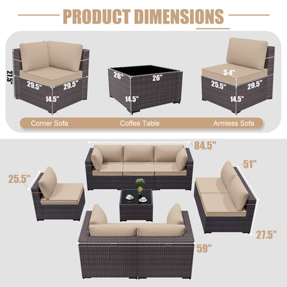 ALAULM 9 Pieces Sectional Sofa Sets, Outdoor Patio Furniture Set - Sand