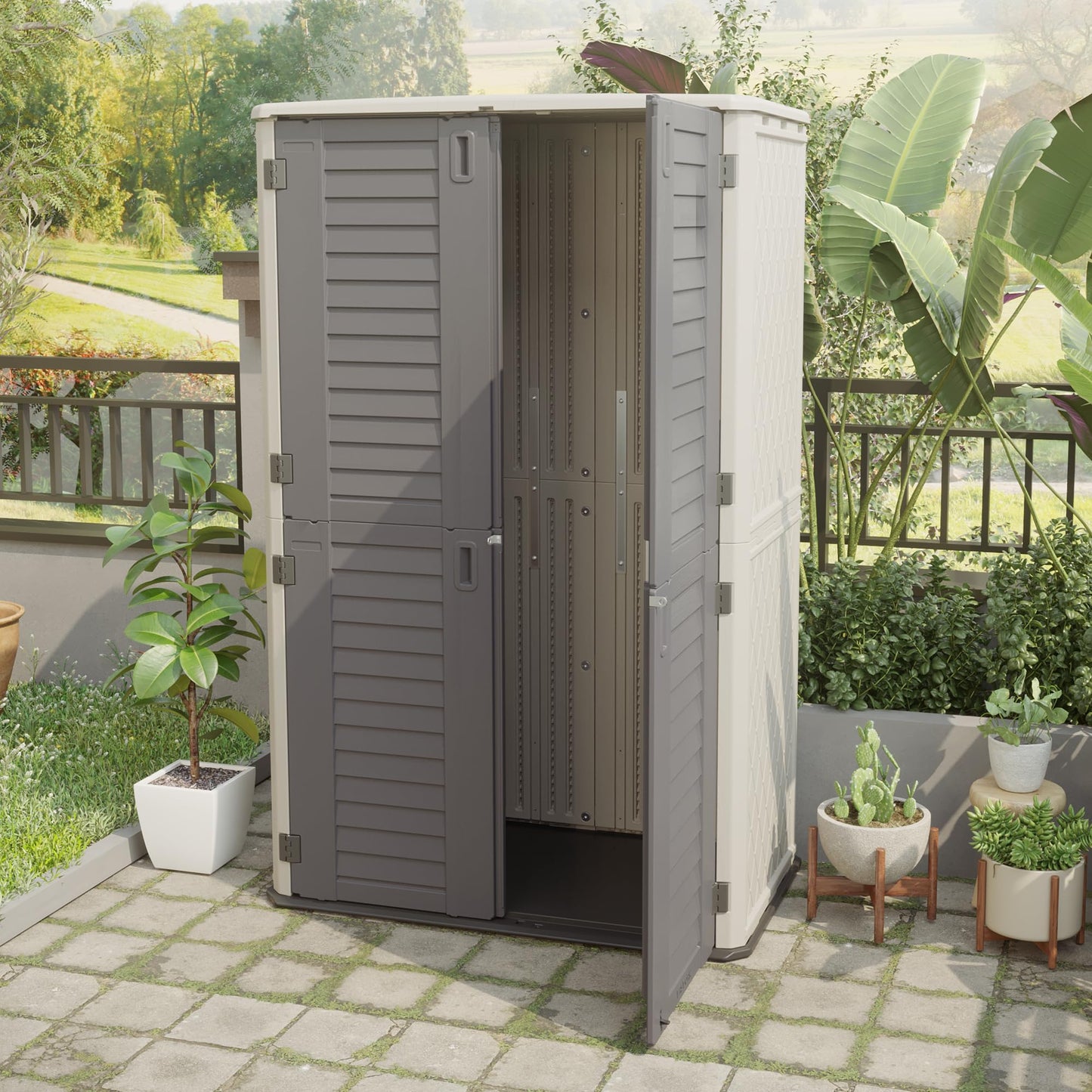 EAST OAK Outdoor Storage Shed, Waterproof Resin Tool Shed with Double Doors and Padlock, 53Cu.ft Vertical Outdoor Storage Cabinet for Garden, Patio, Backyard, 4×2.5×6.6 FT