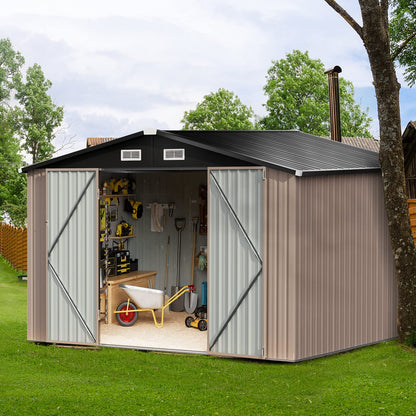 Breezestival Outdoor Storage Shed 8x10 FT, Utility Steel Tool Shed with Lockable Door and Air Vents, Galvanized Metal Shed for Garden Backyard Patio Lawn (8' x 10') 8 x 10'