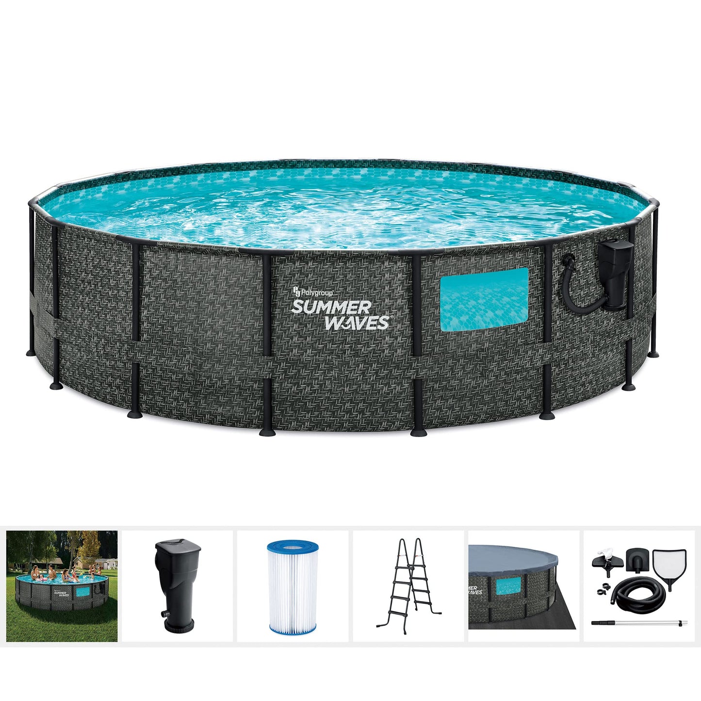 Summer Waves Elite P8A01648B Ensemble de piscine hors sol avec cadre de 16 pi x 48 po avec pompe de filtration, couverture de piscine, échelle, chiffon de sol et kit d'entretien 192 x 192 x 48 pouces Gris