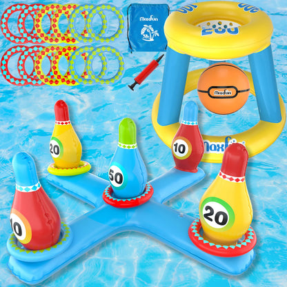 Max Fun Pool Floats Toys Games Set Floating Basketball Hoop Bowling Inflatable Cross Ring Toss Pool Game Toys for Kids Adults Swimming Pool Water Game Accessories Bowling Cross+ Basketball