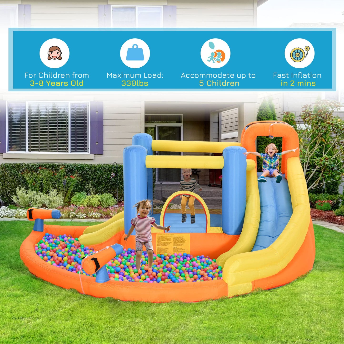Outsunny Kids Inflatable Water Slide 5-in-1 Bounce House Water Park Jumping Castle with Water Pool, Slide, Climbing Walls, & 2 Water Cannons, 450W Air Blower