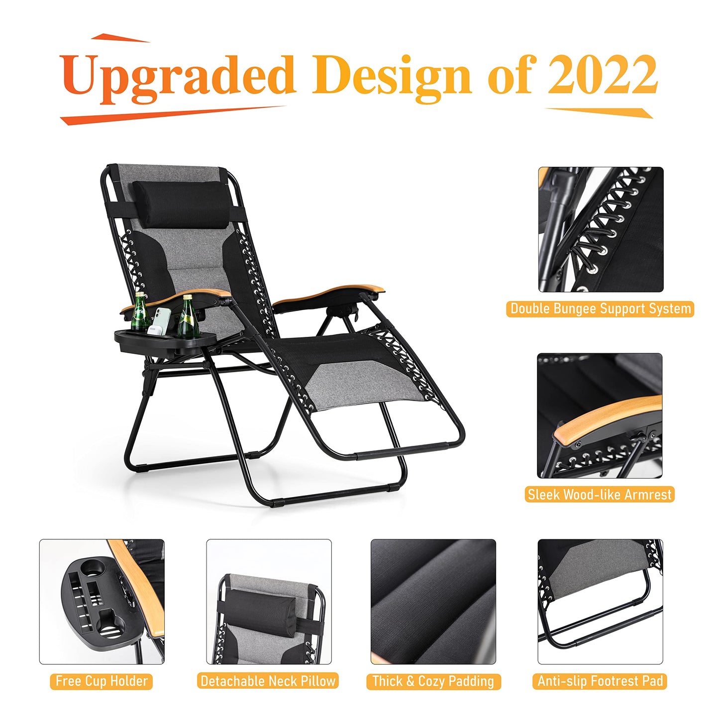 Sophia &amp; William XL Zero Gravity Chair avec massage (lot de 2), chaise longue inclinable à gravité surdimensionnée avec porte-gobelet gratuit, prend en charge 400 lb (noir) Lot de 2