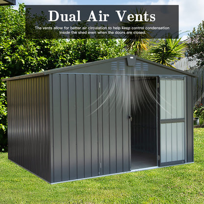 Domi Abri de rangement extérieur 3 x 2,4 m, abri à outils en métal avec double porte verrouillable, grand abri à vélo étanche pour jardin, cour, pelouse, noir 3 x 2,4 m (toit à pignon) 