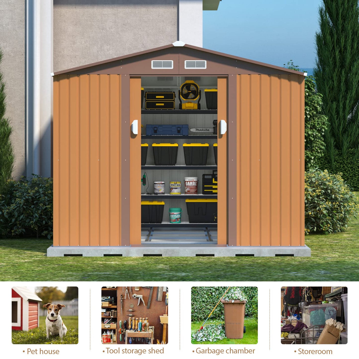 HOGYME 10.5' x 9.1' Storage Shed Large Metal Shed, Sheds &Outdoor Storage Clearance Suitable for Garden Tool Bike Lawn Mower Ladder, Utility Tool House w/Lockable/Sliding Door, 4 Vents, Coffee 9.1x10.5