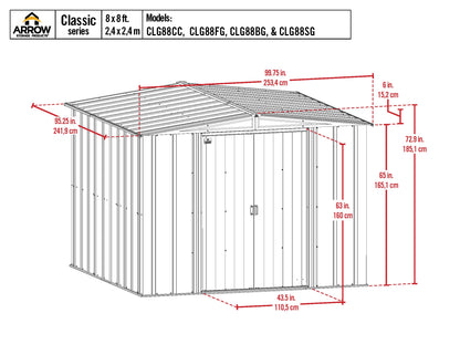 Arrow Shed Classic 8' x 8' Hangar de rangement extérieur cadenassable en acier, gris flûte 8' x 8' 