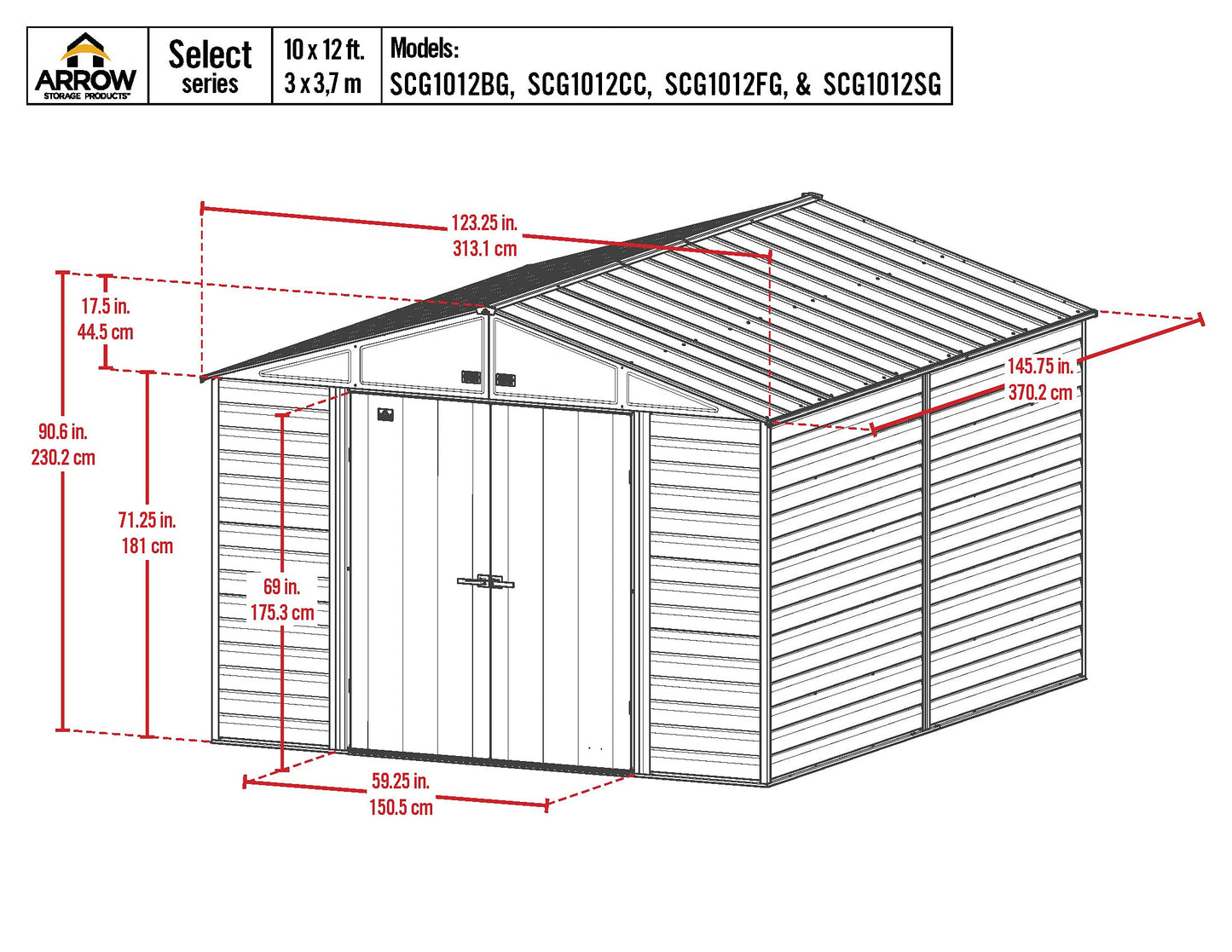 Arrow Shed Select Hangar de rangement extérieur verrouillable en acier, 10' x 12', charbon de bois 