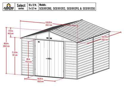 Arrow Shed Select Hangar de rangement extérieur verrouillable en acier, 10' x 12', charbon de bois 