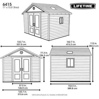 Hangar de rangement extérieur Lifetime 6415, 11 x 13,5 pieds 11 x 13,5 pieds. 