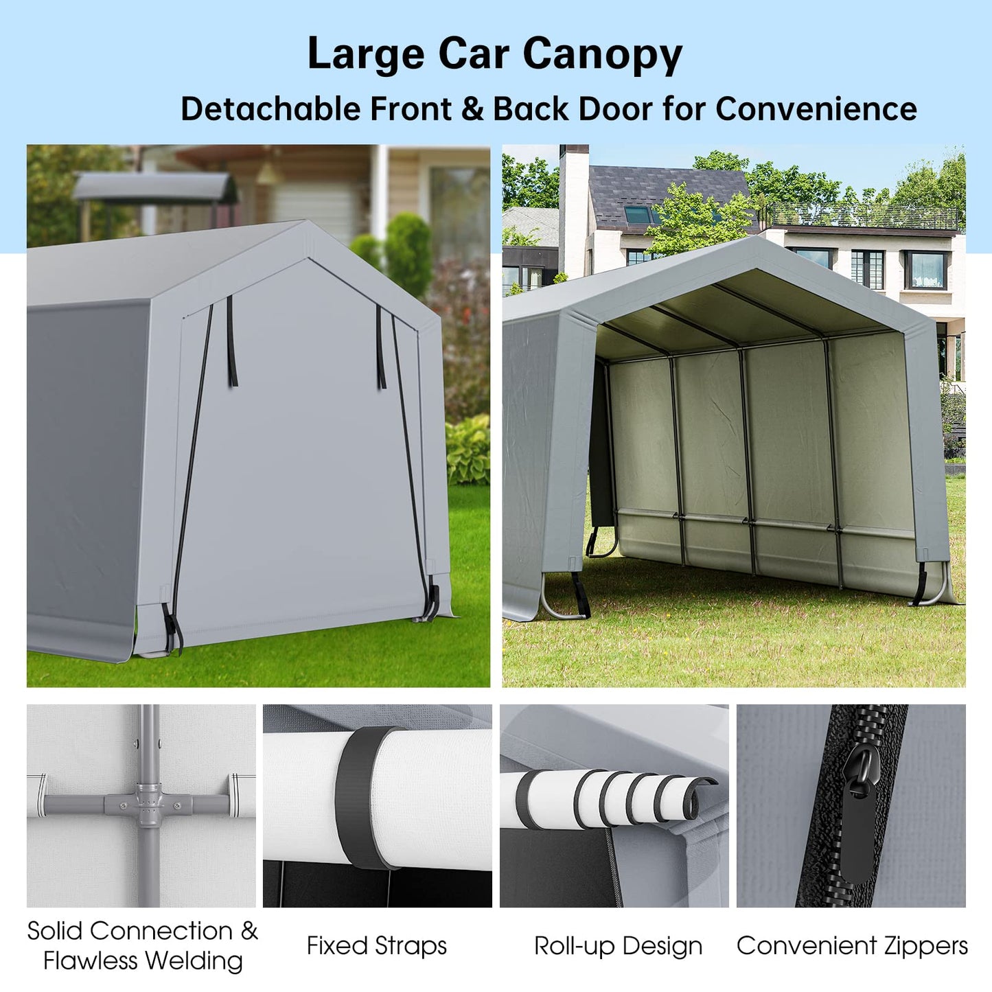 Tangkula Abri de voiture robuste de 3 x 6 m, garage portable extérieur avec poutres triangulaires renforcées, cadre en acier galvanisé, auvent de voiture en métal toutes saisons avec 2 portes amovibles pour voiture, camion, SUV, bateau 