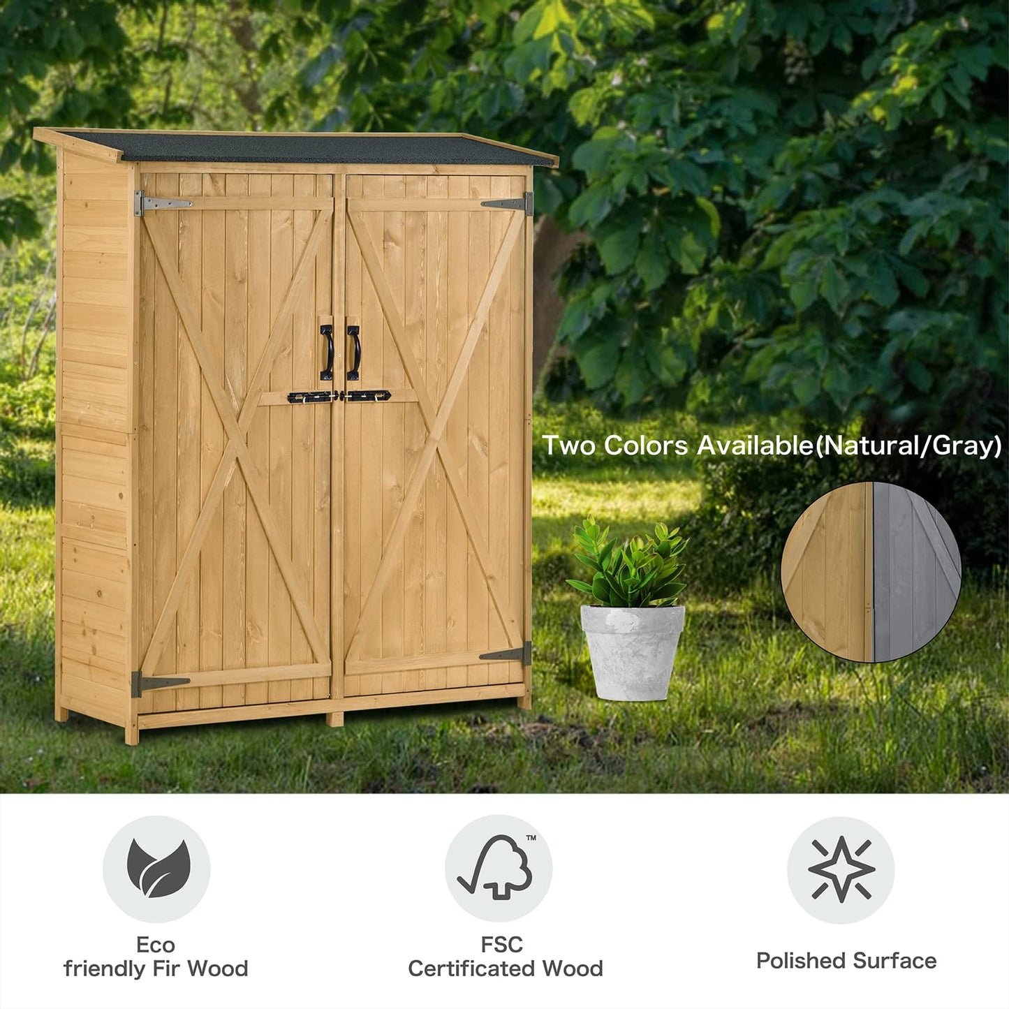 Abri de rangement extérieur avec sol, armoire de rangement en bois étanche, abri de jardin avec 3 étagères, abri vertical extérieur avec 2 portes doubles, bois de sapin, 2 serrures et poignées (naturel) 55,1 x 20 x 63,8 naturel avec 3 étagères 