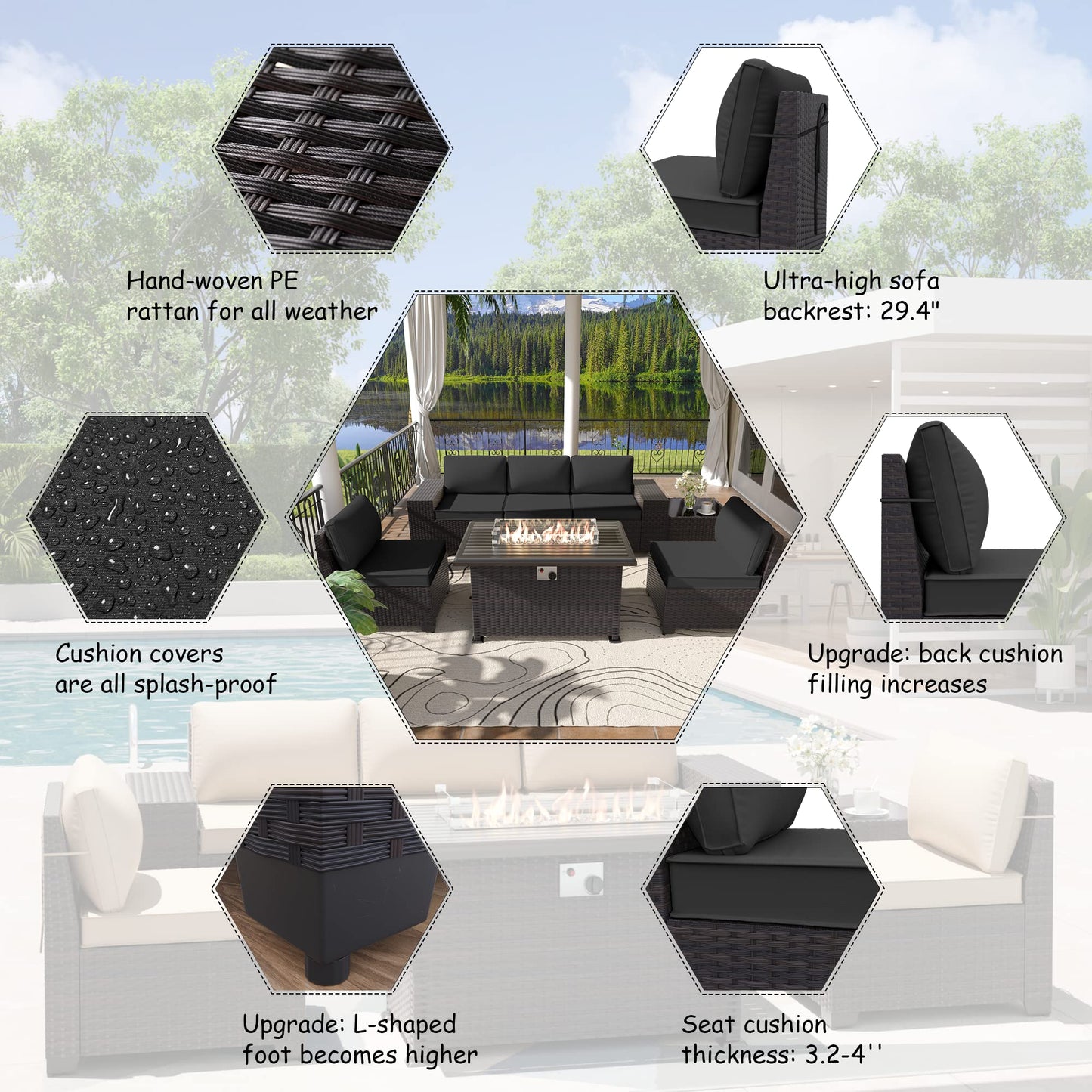 ALAULM 7 Pieces Outdoor Patio Furniture Set with Propane Fire Pit Table Patio Sectional Sofa Sets - Black