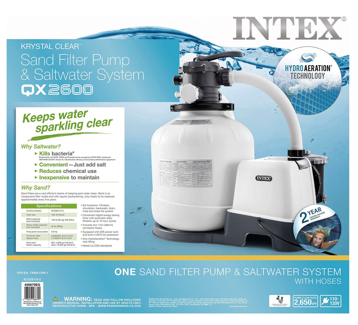 INTEX 26679EG QX2600 Krystal Clear Sand Filter Pump & Saltwater System for Above Ground Pools, 16in
