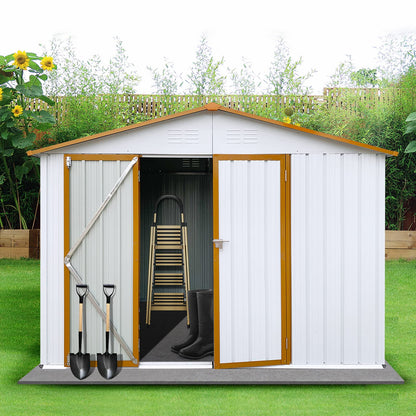 Lyromix 8' × 6' Metal Outdoor Storage Shed with Door & Lock, Waterproof Garde Storage Tool Shed with Base Frame for Backyard Patio,White-Yellow White-Yellow 8*6 FT