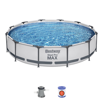 Bestway Steel Pro MAX 12 Foot x 30 Inch Round Metal Frame Above Ground Outdoor Backyard Swimming Pool Set with 330 GPH Filter Pump 12' x 30"