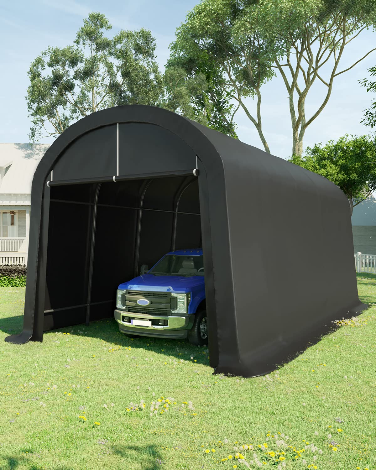 KING BIRD 12' x 20' Heavy Duty Round Style Carport for SUV, Full-Size Truck and Boat, Anti-Snow Car Canopy Outdoor Boat Shelter with Reinforced Ground Bars 12'X20' Dark Gray