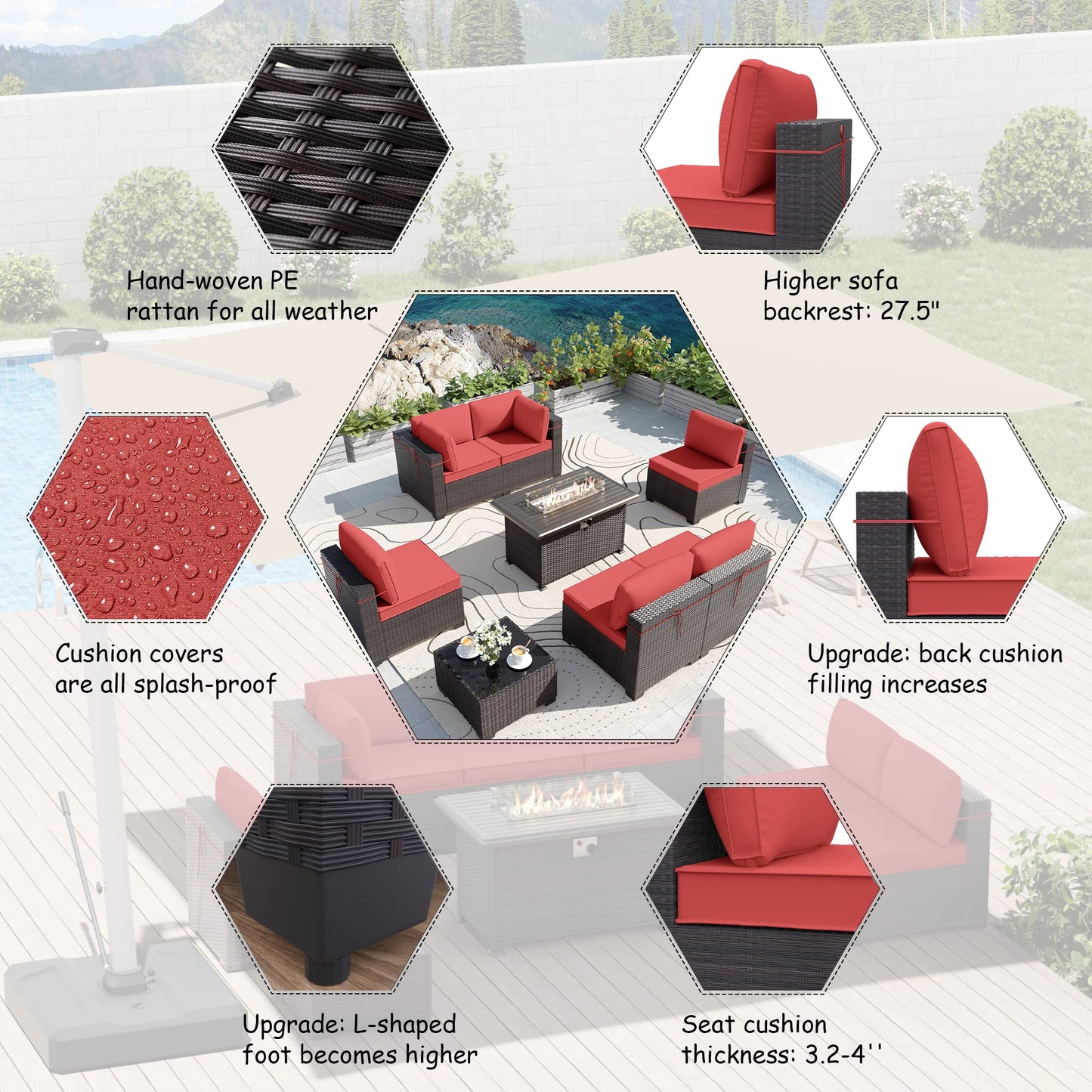 ALAULM 8 Pieces Outdoor Patio Furniture Set with Propane Fire Pit Table Outdoor Sectional Sofa Sets(Coral Red)