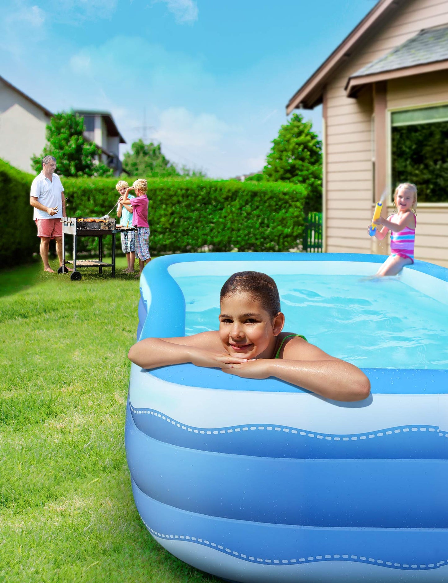 Inflatable Swimming Pool, Full-Sized Above Ground Pool, Ages 3+, 118" x 72.5" x 20"