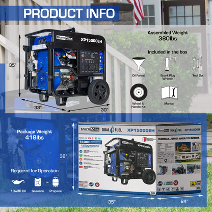 DuroMax XP15000EH Générateur portatif à double carburant - 15 000 watts alimenté au gaz ou au propane - Démarrage électrique - Sauvegarde à domicile 