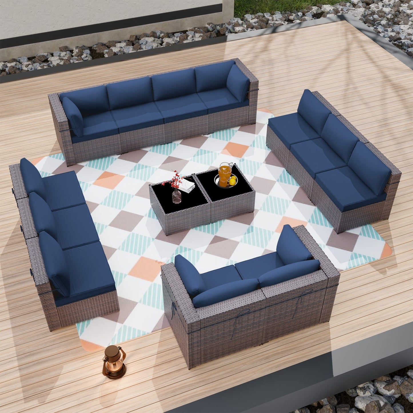 ALAULM 14 Pieces Sectional Sofa Sets, Outdoor Patio Furniture - Dark Blue