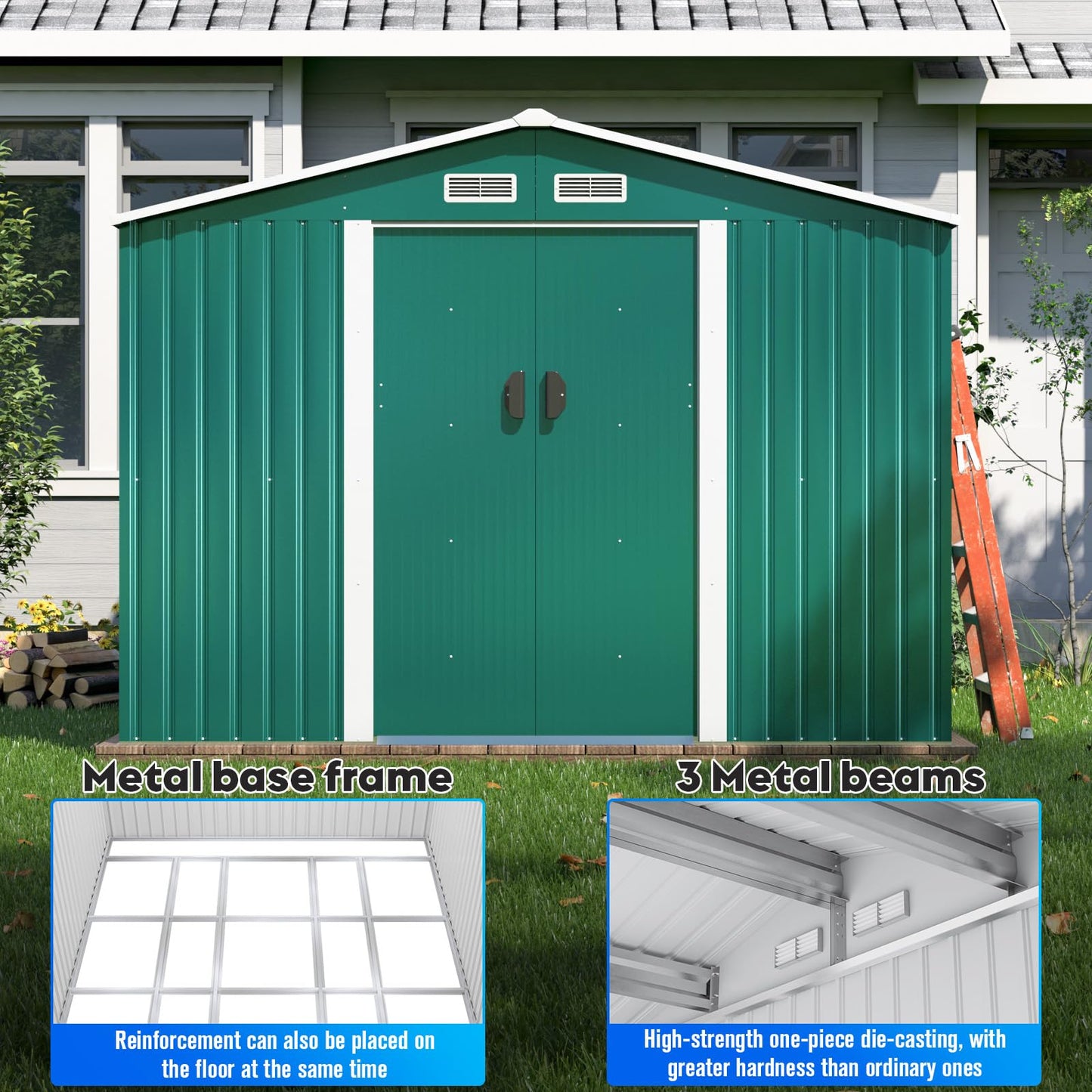 JAXSUNNY 10.5x9.1FT Outdoor Storage Shed, Large Metal Tool Sheds & Outdoor Storage with 4 Air Vents for Backyard Garden Patio Lawn, Green 10.5x9.1