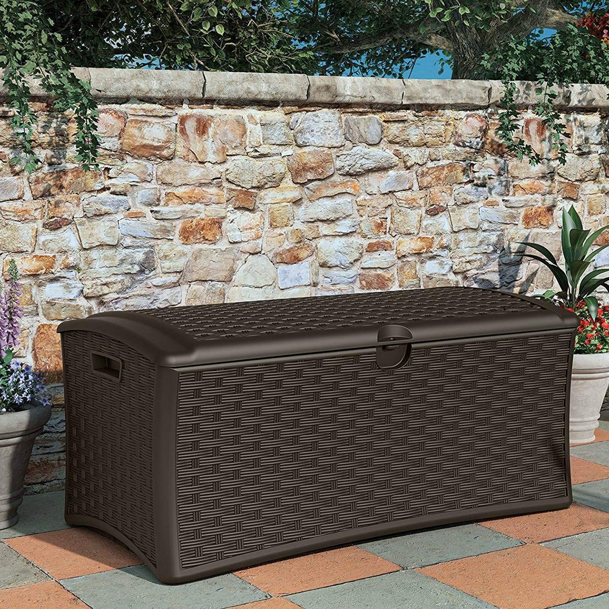 Suncast 72 Gallon Resin Wicker Outdoor Patio Storage Deck Box, Brown (12 Pack) 72 gallon - 12 Pack