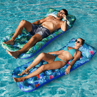 FindUWill Lot de 2 flotteurs gonflables pour piscine avec appuie-tête pour adultes, X-Large, flotteurs de piscine rafraîchissants Contour Lounger (Monstera Green &amp; Monstera Blue) 2 PACK-Monstera Green &amp; Monstera Blue