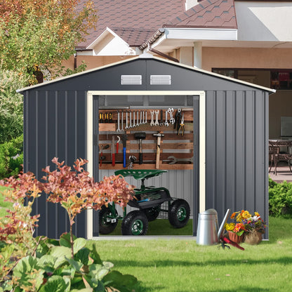 Goplus Outdoor Storage Shed, 9' X 6' Metal Garden Shed with 4 Vents & Double Sliding Door, Utility Tool Shed Storage House for Backyard, Patio, Lawn 9'X6'