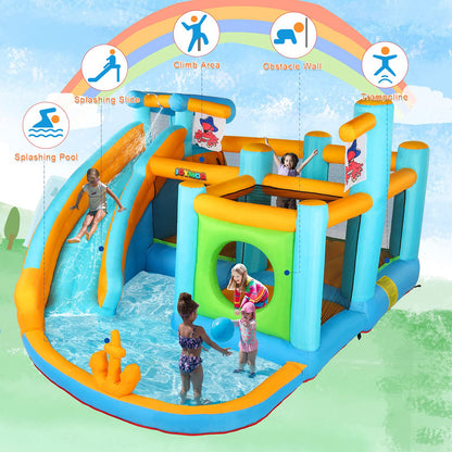 JOYMOR Parc de toboggans gonflables, maison de rebond sur le thème des pirates avec parcours d'obstacles, canon à eau, piscine à éclaboussures, toboggan aquatique Bouncer Castle Maison de jeu extérieure pour enfants (ventilateur inclus)