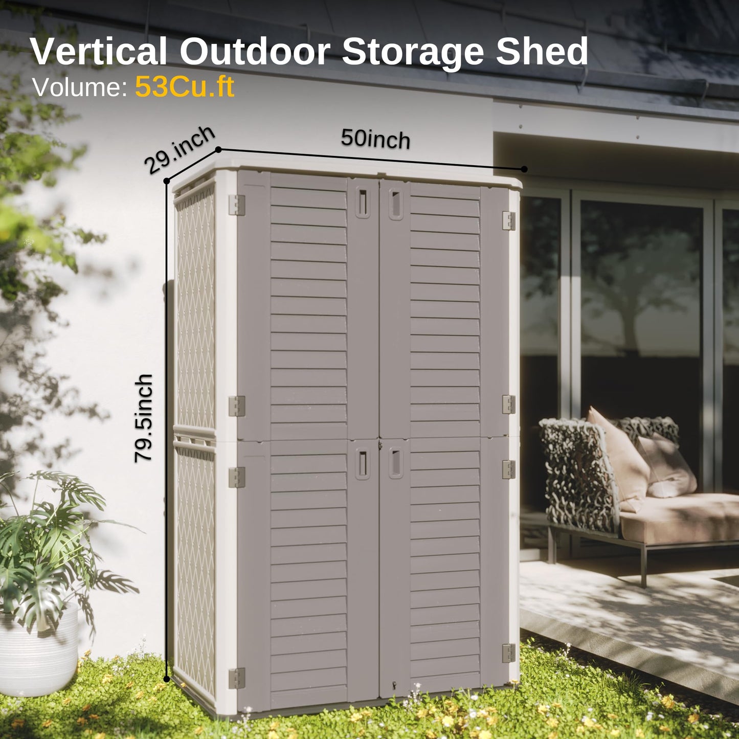 EAST OAK Outdoor Storage Shed, Waterproof Resin Tool Shed with Double Doors and Padlock, 53Cu.ft Vertical Outdoor Storage Cabinet for Garden, Patio, Backyard, 4×2.5×6.6 FT