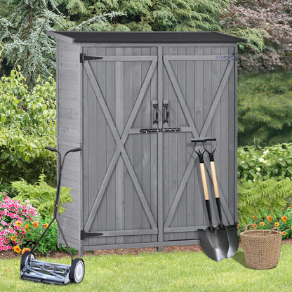 Abri de rangement extérieur avec sol, armoire de rangement en bois étanche, abri de jardin avec 3 étagères, abri vertical extérieur avec 2 portes doubles, bois de sapin, 2 serrures et poignées (gris) 55,1 x 20 x 63,8 gris avec 3 étagères 