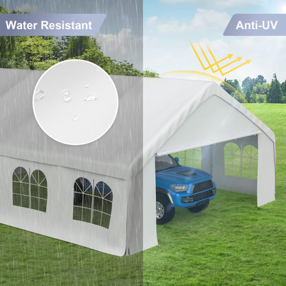 Morngardo Auvent de tente pour fêtes, tente de voiture robuste, abri de voiture en métal, garage portable avec parois latérales amovibles, blanc 20' x 26' 