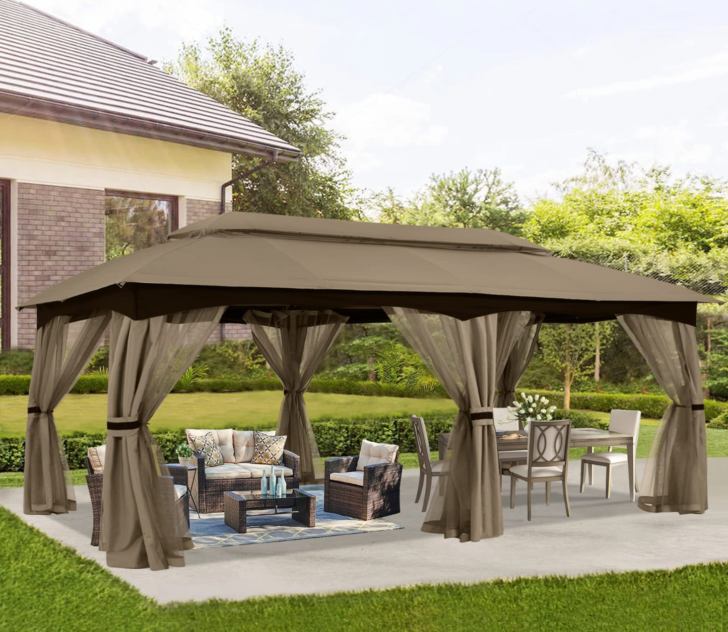 ABCCANOPY Tonnelle d'extérieur 10 x 20 – Tonnelle de terrasse avec moustiquaire, auvents extérieurs pour l'ombre et la pluie pour pelouse, jardin, cour et terrasse (beige) beige 